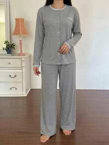 DAZY Women's Long Sleeve Button Front Round Neck Shirt And Pants Pajama Set - Grey - View 5
