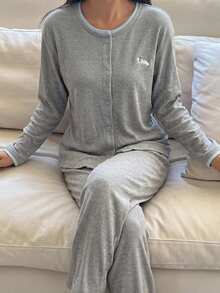 DAZY Women's Long Sleeve Button Front Round Neck Shirt And Pants Pajama Set - Grey - View 6