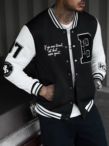 SLATEMANN Men's Letter Pattern Striped Long Sleeve Single-Breasted Baseball Jacket - Black - View 5