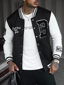 SLATEMANN Men's Letter Pattern Striped Long Sleeve Single-Breasted Baseball Jacket - Black - View 4