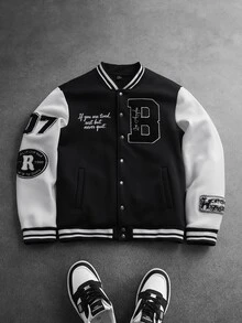 SLATEMANN Men's Letter Pattern Striped Long Sleeve Single-Breasted Baseball Jacket - Black - View 2
