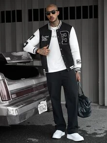 SLATEMANN Men's Letter Pattern Striped Long Sleeve Single-Breasted Baseball Jacket - Black - View 6