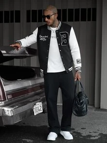 SLATEMANN Men's Letter Pattern Striped Long Sleeve Single-Breasted Baseball Jacket - Black - View 1