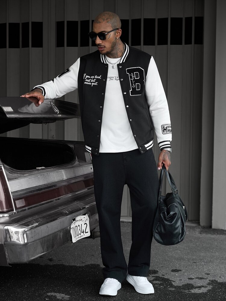 SLATEMANN Men's Letter Pattern Striped Long Sleeve Single-Breasted Baseball Jacket - Black - View 1