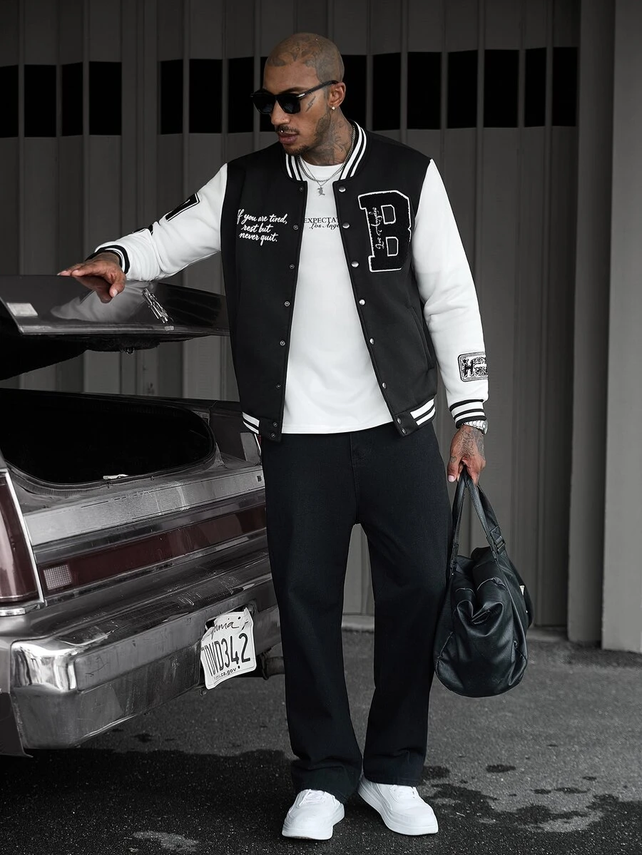 SLATEMANN Men's Letter Pattern Striped Long Sleeve Single-Breasted Baseball Jacket - Black - View 1