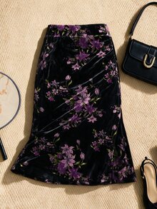 EastFlair Rok Wanita Ukuran Besar Motif Bunga Kasual untuk Pemakaian Sehari-hari - Hitam - View 5