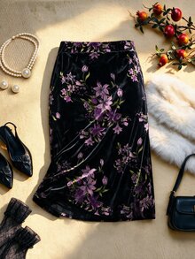 EastFlair Rok Wanita Ukuran Besar Motif Bunga Kasual untuk Pemakaian Sehari-hari - Hitam - View 3