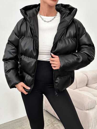 SHEIN Palton căptușit cu fermoar, culoare uni, negru, pentru ieșiri zilnice, club, iarnă, streetwear casual
