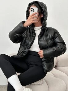 SHEIN معطف مبطن بسحاب بلون موحد أسود للخروج اليومي والنادي، ملابس شارع شتوية كاجوال - الأسود - مشاهدة 6