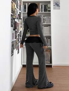 StreetHx Sweet & Cool Hot Girl Lace Patchwork Slimming Sexy Fitted Striped Top + Ruched Hot Girl Slimming Fitted Flare Pants - Dark Grey - View 3