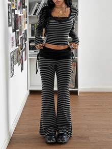 StreetHx Sweet & Cool Hot Girl Lace Patchwork Slimming Sexy Fitted Striped Top + Ruched Hot Girl Slimming Fitted Flare Pants - Dark Grey - View 2