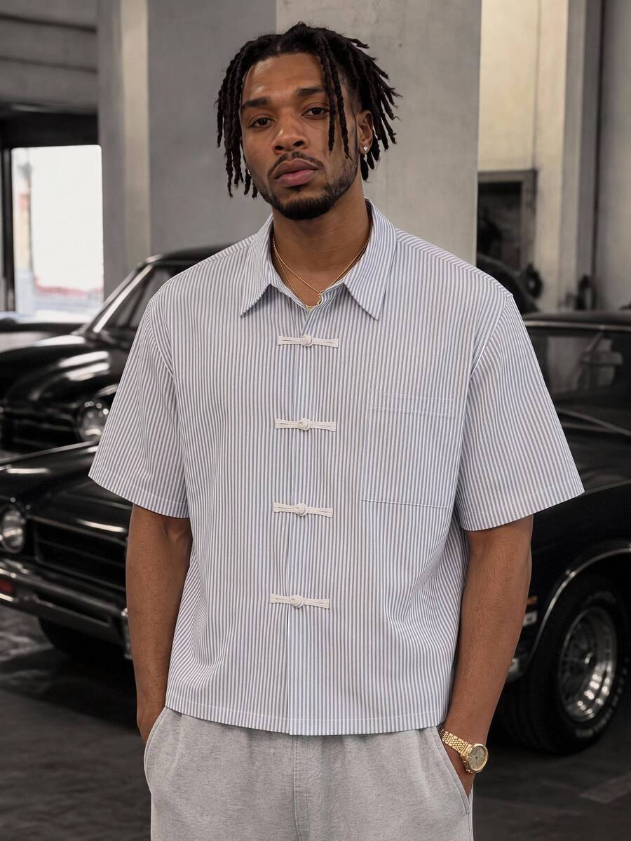 GETOML Men's Blue & White Striped Mandarin Collar Shirt, Frog Button Short Sleeve, Summer Streetwear Vacation - Blue and White - View 1