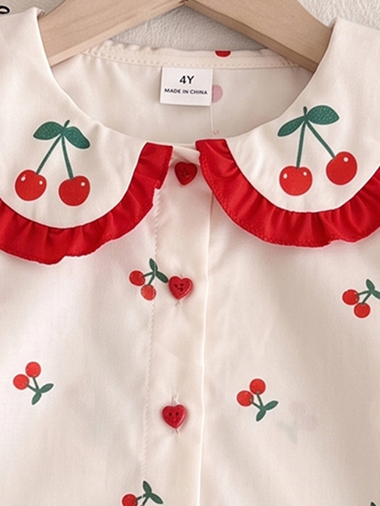 Elladie kids Camisa con estampado de cerezas para niñas, top de manga larga con delicado cuello con volantes, adecuado para la vuelta al colegio y uso diario - Albaricoque - Añade 3