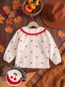 Elladie kids 女孩櫻桃印花襯衫，精緻荷葉領長袖上衣，適合返校與日常穿著 - 杏色 - 查看 2
