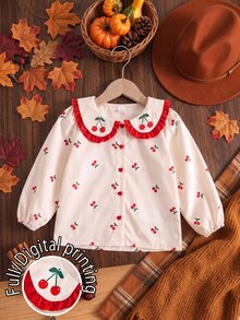 Elladie kids 女孩櫻桃印花襯衫，精緻荷葉領長袖上衣，適合返校與日常穿著 - 杏色 - 查看 1