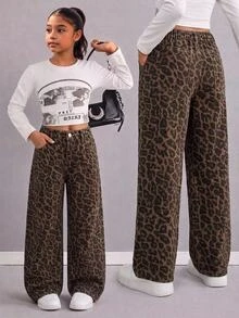 Tween Girls' Vintage Street Style Loose Comfortable Casual Leopard Print Wide Leg Denim Jeans, Suitable For Autumn/Winter, School, Back To School Season, Fashionable And Versatile - Brown - View 9