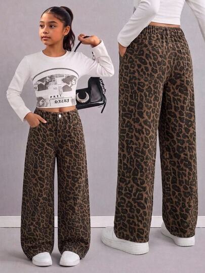 Tween Girls' Vintage Street Style Loose Comfortable Casual Leopard Print Wide Leg Denim Jeans, Suitable For Autumn/Winter, School, Back To School Season, Fashionable And Versatile