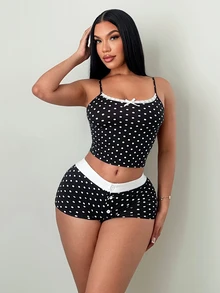 SHEIN SXY 女款黑白波點兩件式夏季套裝，可愛睡衣套裝，細肩帶背心與短褲度假派對居家休閒服，80年代復古居家服 - 黑與白 - 查看 5