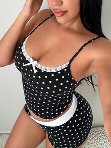 SHEIN SXY 女款黑白波點兩件式夏季套裝，可愛睡衣套裝，細肩帶背心與短褲度假派對居家休閒服，80年代復古居家服 - 黑與白 - 查看 2