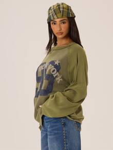 MUSERA Graphic Printed Slogan Washed Style Loose Fit Raglan Crewneck Top Autumn Winter Fall City Coolgirl Cute Back To School Park Avenue - Army Green - View 4