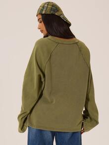 MUSERA Graphic Printed Slogan Washed Style Loose Fit Raglan Crewneck Top Autumn Winter Fall City Coolgirl Cute Back To School Park Avenue - Army Green - View 5