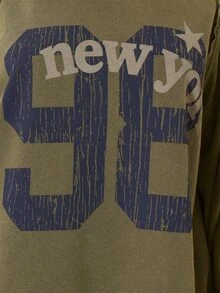 MUSERA Graphic Printed Slogan Washed Style Loose Fit Raglan Crewneck Top Autumn Winter Fall City Coolgirl Cute Back To School Park Avenue - Army Green - View 7