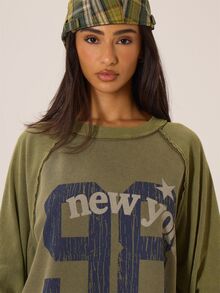 MUSERA Graphic Printed Slogan Washed Style Loose Fit Raglan Crewneck Top Autumn Winter Fall City Coolgirl Cute Back To School Park Avenue - Army Green - View 6