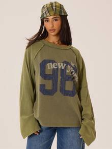 MUSERA Graphic Printed Slogan Washed Style Loose Fit Raglan Crewneck Top Autumn Winter Fall City Coolgirl Cute Back To School Park Avenue - Army Green - View 2