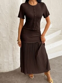 Modelyn Women's Elegant Pink Textured Short Sleeve Jacket And Pleated Skirt 2 Pieces Set - Coffee Brown - View 6