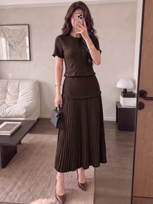 Modelyn Women's Elegant Pink Textured Short Sleeve Jacket And Pleated Skirt 2 Pieces Set - Coffee Brown - View 1