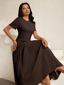 Modelyn Women's Elegant Pink Textured Short Sleeve Jacket And Pleated Skirt 2 Pieces Set - Coffee Brown - View 8