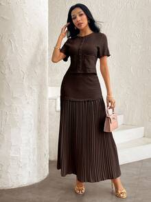 Modelyn Women's Elegant Pink Textured Short Sleeve Jacket And Pleated Skirt 2 Pieces Set - Coffee Brown - View 5
