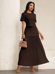 Modelyn Women's Elegant Pink Textured Short Sleeve Jacket And Pleated Skirt 2 Pieces Set - Coffee Brown - View 7