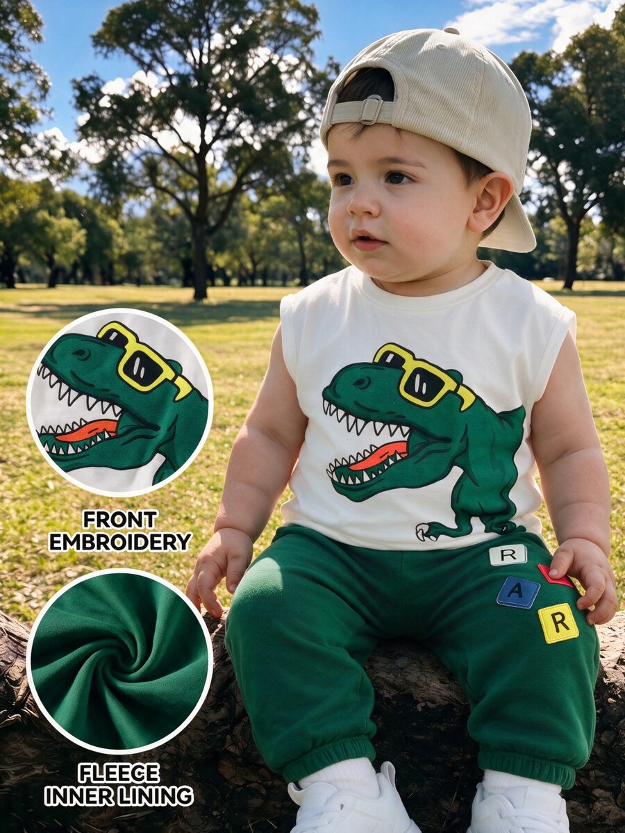 THE HAPPY LOOK 2pcs/Set Young Boy Cartoon Dinosaur Pattern Knit Soft Round Neck Short Sleeve Top And Elastic Waist Jogger Pants - Multicolor - View 1