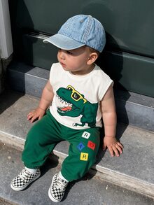 THE HAPPY LOOK 2pcs/Set Young Boy Cartoon Dinosaur Pattern Knit Soft Round Neck Short Sleeve Top And Elastic Waist Jogger Pants - Multicolor - View 5
