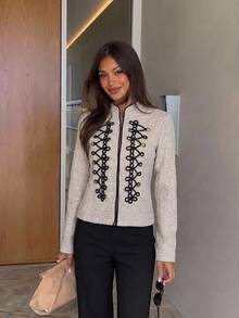 Siren Gaze Elegant Double-Breasted Napoleon Jacket With Gold Military Buttons For Stylish Office Casual Wear,Napoleon/Military Jacket, Fall/Winter Gothic Style - Apricot - View 4