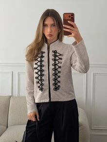 Siren Gaze Elegant Double-Breasted Napoleon Jacket With Gold Military Buttons For Stylish Office Casual Wear,Napoleon/Military Jacket, Fall/Winter Gothic Style - Apricot - View 6