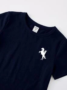 Kids Young Boys Casual Minimalist Crew Neck T-Shirt Suitable For Summer - Navy Blue - View 2