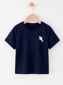 Kids Young Boys Casual Minimalist Crew Neck T-Shirt Suitable For Summer - Navy Blue - View 3