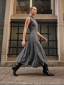 CLARA VERO Sleeveless Turtleneck Flared Knit Dress, Slim Fit, Office Or Event, Stretch Jersey, Waist Seam Grey Minimalist Elegant - Grey - View 3