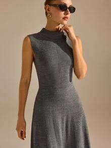 CLARA VERO Sleeveless Turtleneck Flared Knit Dress, Slim Fit, Office Or Event, Stretch Jersey, Waist Seam Grey Minimalist Elegant - Grey - View 6