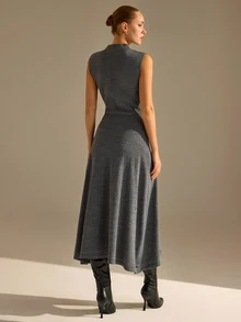 CLARA VERO Sleeveless Turtleneck Flared Knit Dress, Slim Fit, Office Or Event, Stretch Jersey, Waist Seam Grey Minimalist Elegant - Grey - View 8