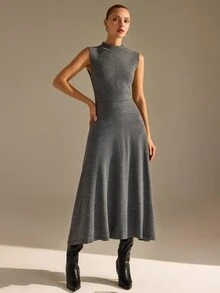 CLARA VERO Sleeveless Turtleneck Flared Knit Dress, Slim Fit, Office Or Event, Stretch Jersey, Waist Seam Grey Minimalist Elegant - Grey - View 7