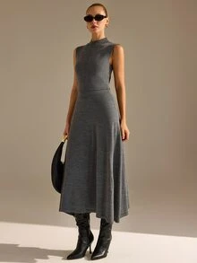 CLARA VERO Sleeveless Turtleneck Flared Knit Dress, Slim Fit, Office Or Event, Stretch Jersey, Waist Seam Grey Minimalist Elegant - Grey - View 2