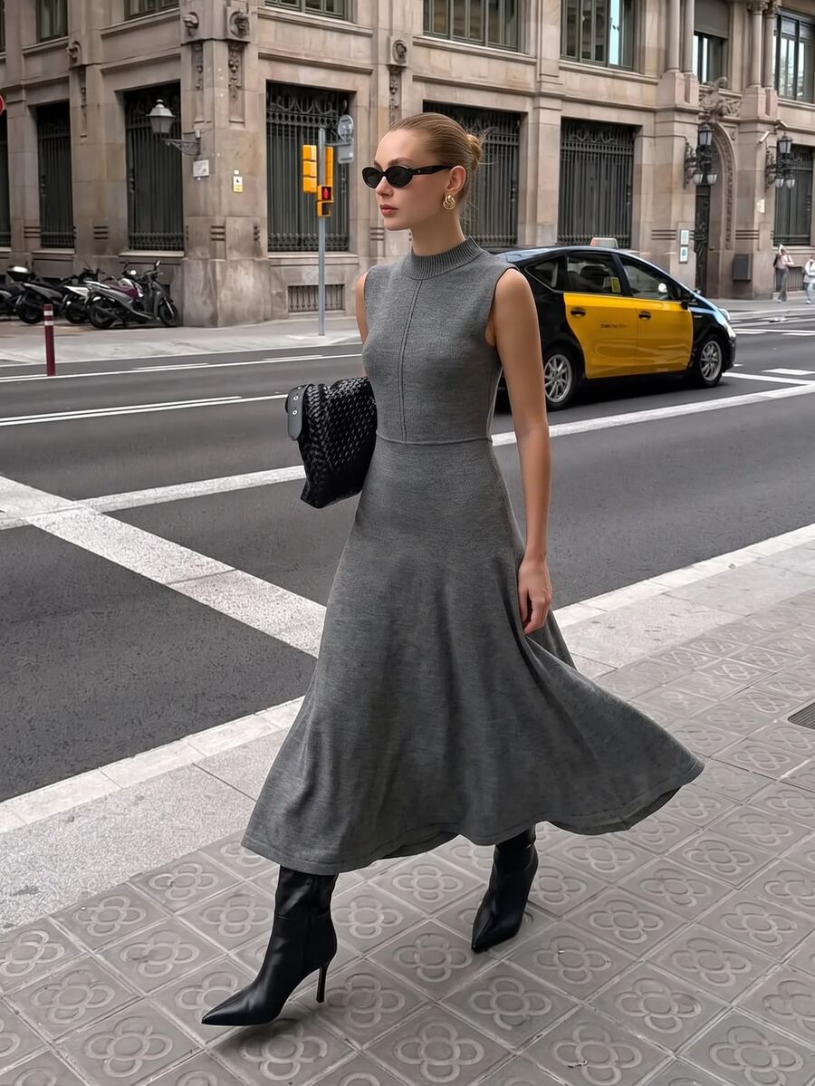 CLARA VERO Sleeveless Turtleneck Flared Knit Dress, Slim Fit, Office Or Event, Stretch Jersey, Waist Seam Grey Minimalist Elegant - Grey - View 1
