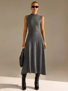 CLARA VERO Sleeveless Turtleneck Flared Knit Dress, Slim Fit, Office Or Event, Stretch Jersey, Waist Seam Grey Minimalist Elegant - Grey - View 5