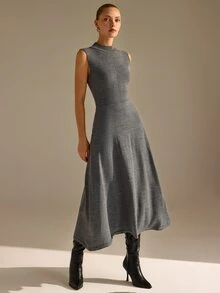 CLARA VERO Sleeveless Turtleneck Flared Knit Dress, Slim Fit, Office Or Event, Stretch Jersey, Waist Seam Grey Minimalist Elegant - Grey - View 4
