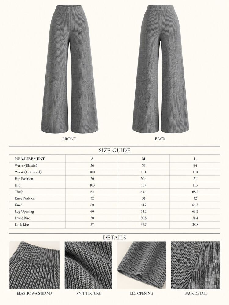 CLARA VERO Ribbed Wide Leg Palazzo Pants, Mid Rise, Office Or Street, Ribbed Knit, Expanding Fit, Full Length - Grey - View 10