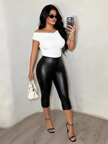 SHEIN SXY 女式纯色 PU 皮革紧身裤 - 黑色 - 查看 1