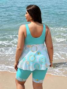 Swim Lushoire 2026 New Plus Size Women's Tankini Swimwear Two Pieces Set, Light Blue, Summer, Boho, Beach, Holiday Backless Tankini With Skirt, Patchwork Digital Print - Baby Blue - View 2